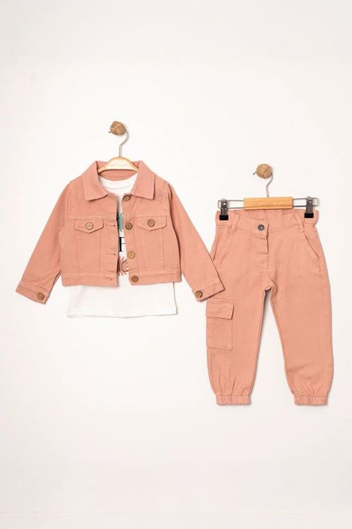 Miniğimin Cicileri Düğmeli Kargo Cepli Kız Çocuk Ceketli Takım - Gül Kurusu