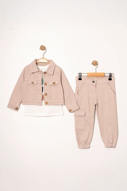 Miniğimin Cicileri Düğmeli Kargo Cepli Kız Çocuk Ceketli Takım - Açık Pudra
