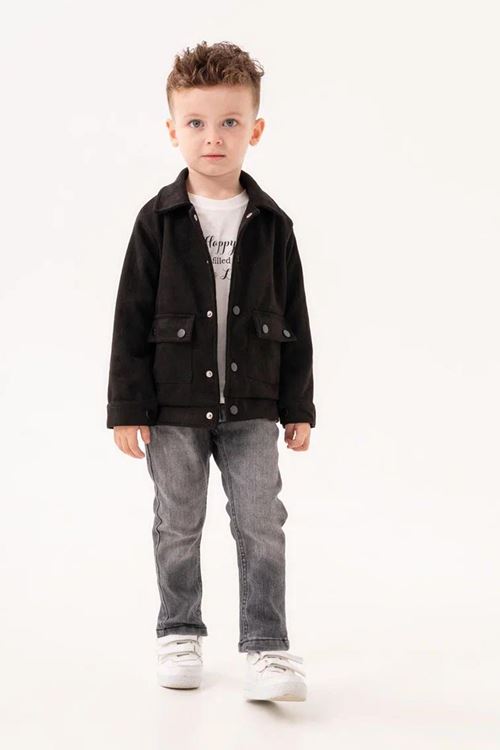 Miniğimin Cicileri (1-4 Yaş) Desenli Süet Ceketli Erkek Çocuk 3 Lü Takım - Siyah