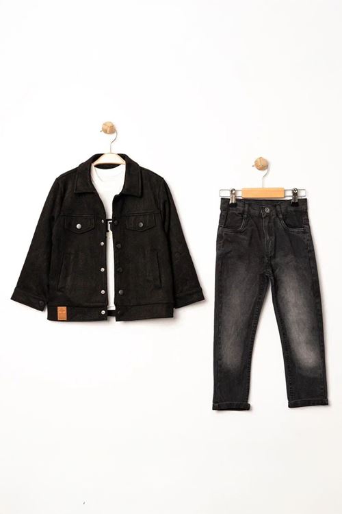 Miniğimin Cicileri (5-8 Yaş) Desenli Süet Ceketli Erkek Çocuk 3 Lü Takım - Siyah