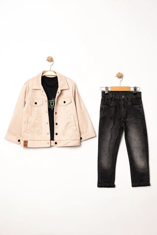 Miniğimin Cicileri (5-8 Yaş) Desenli Süet Ceketli Erkek Çocuk 3 Lü Takım - Bej