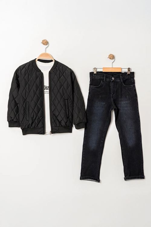 Miniğimin Cicileri LV Çift Tafarlı Kapitone Montlu Erkek Çocuk 3 Lü Takım - Siyah