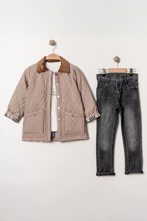 Miniğimin Cicileri Kapitone Montlu Erkek Çocuk 3 Lü Takım - Bej