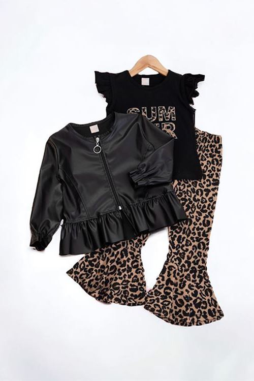 Miniğimin Cicileri Deri Ceketli Summer Leopar Pantolon 3 lü Kız Çocuk Takım - Siyah