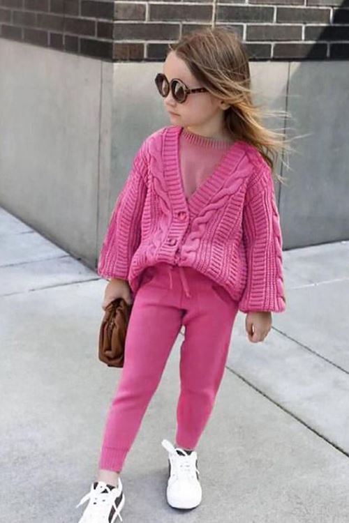 Miniğimin Cicileri Zincir Desen Triko Hırkalı Kız Çocuk 2 li Takım - Fuşya