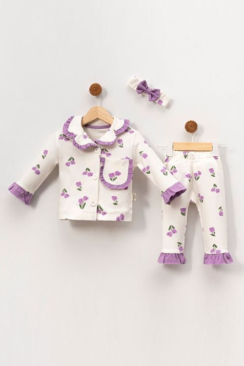 Miniğimin Cicileri Fırfır Detaylı Cepli Kız Çocuk Lale Desen 2Li Gecelik Takımı - Lila