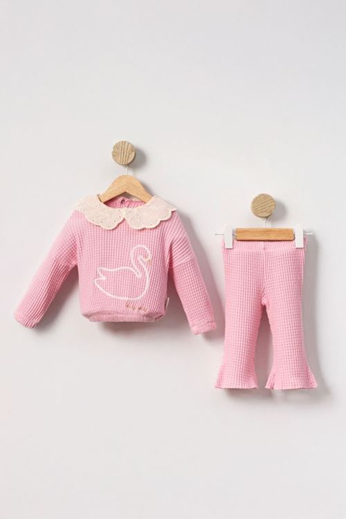 Miniğimin Cicileri Kuğu Yaka Güpür Lovely Family Kız Bebek Takım - Pembe