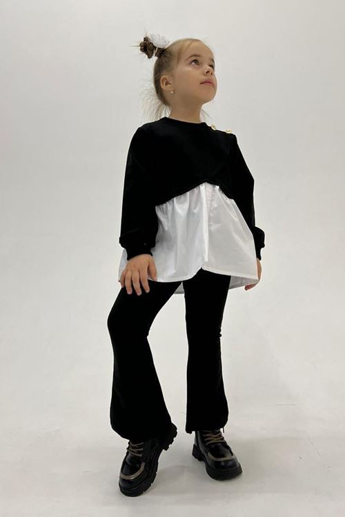 Miniğimin Cicileri Asimetrik Kesim Sweat İspanyol paça pantolon Kız Çocuk 2 li Takım - Siyah