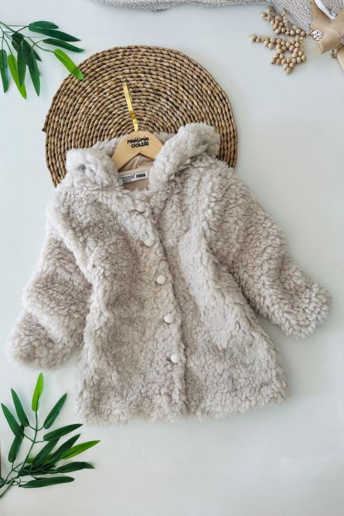 Miniğimin Cicileri (2-9 Yaş) Kapüşonlu Kız Çocuk Kuzu Hırka - Bej