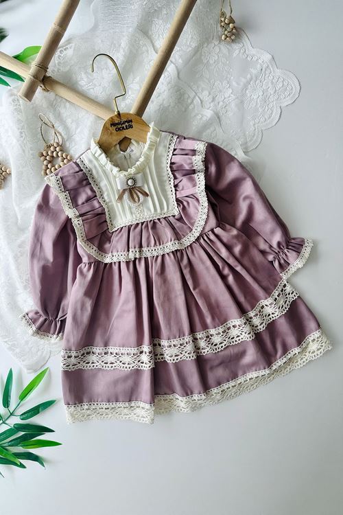 Miniğimin Cicileri Dantelli Fistolu Fiyonklu Vitange Kız Çoçuk Elbise - Eflatun