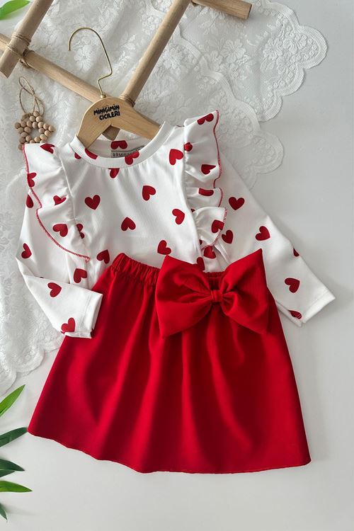 Miniğimin Cicileri Kalp Baskılı Fiyonk Detaylı Kız Çocuk Etekli Takım - Kırmızı