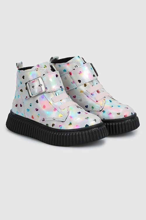 Miniğimin Cicileri Kalp Desenli Kız Çocuk Deri Tokalı Bot - Açık Gri