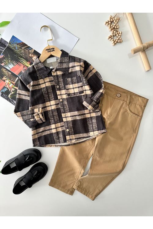 Miniğimin Cicileri Poplin Ekose Gömlek Keten Pantolon Erkek Çoçuk Takım - Camel