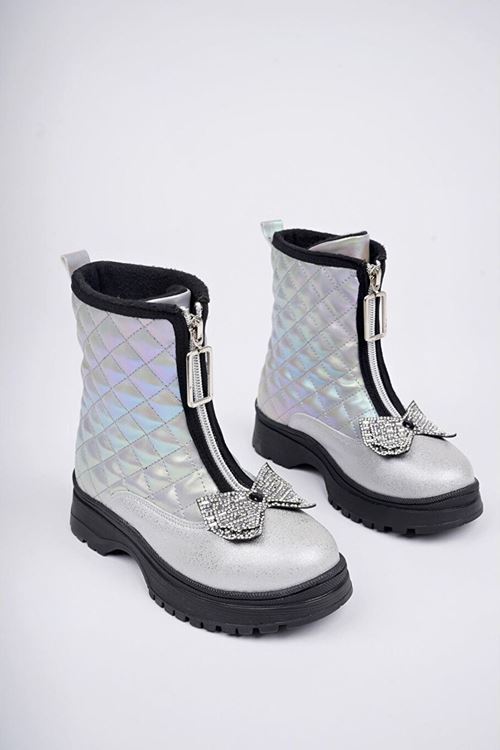 Miniğimin Cicileri Taşlı Fiyonk Detaylı Kız Çocuk Bot - Gümüş