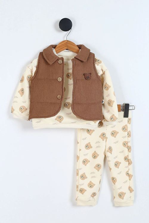 Miniğimin Cicileri Sevimli Bear Baskılı Yelekli 3 lü Erkek Bebe Takım - Kahverengi