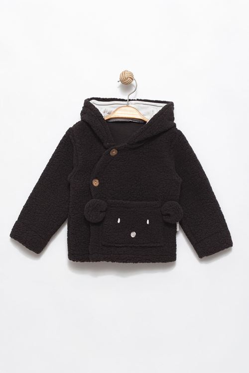 Miniğimin Cicileri Ayıcık Cep Detaylı Erkek Çocuk Peluş Hırka - Acı Kahve