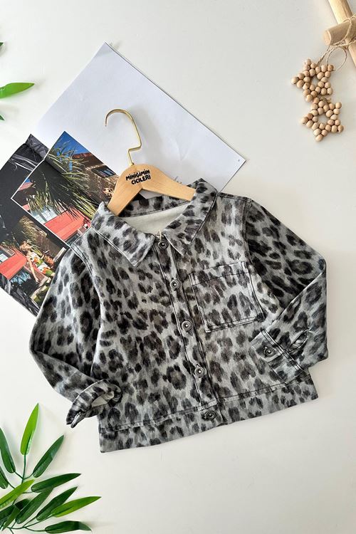 Miniğimin Cicileri Leopar Detaylı Kız Çocuk Kot Ceket - Gri