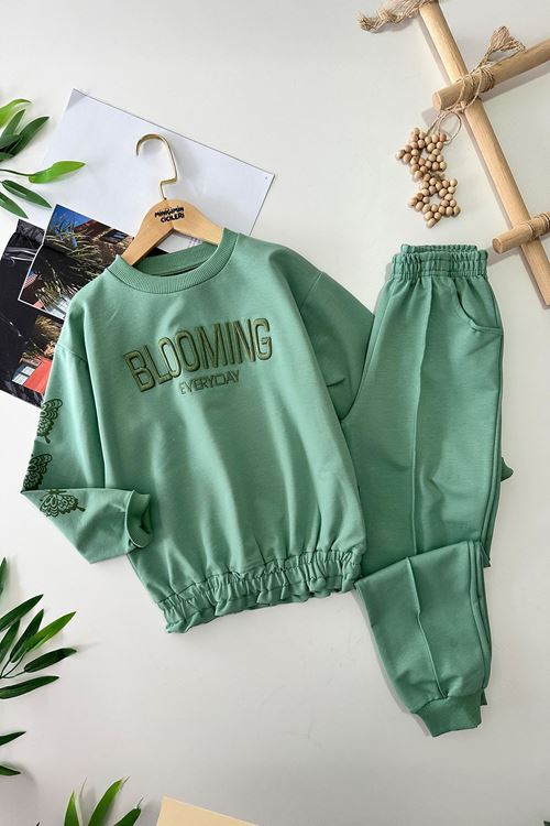 Miniğimin Cicileri Blooming Nakışlı Lastikli Kız Çocuk Takım - Yeşil