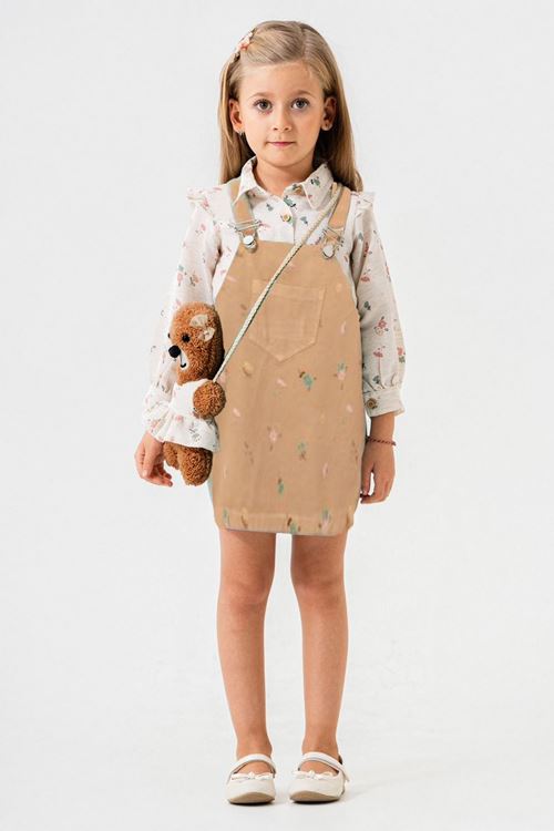 Miniğimin Cicileri Baskılı Jile Keten Pamuklu Gömlek Kız Çocuk Ayıcık Aksesuarlı Takım - Camel