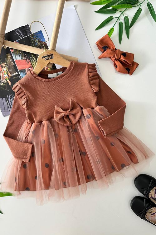 Miniğimin Cicileri Puantiyeli Tüllü Kız Çocuk Elbise - Tarçın