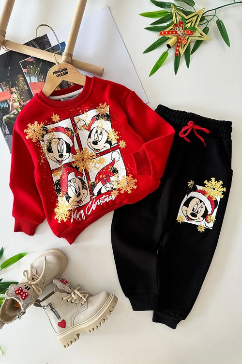 Miniğimin Cicileri Mnn Mcky Karakter Baskılı Yılbaşı Konsept Unisex Çocuk Takım - Kırmızı-Siyah