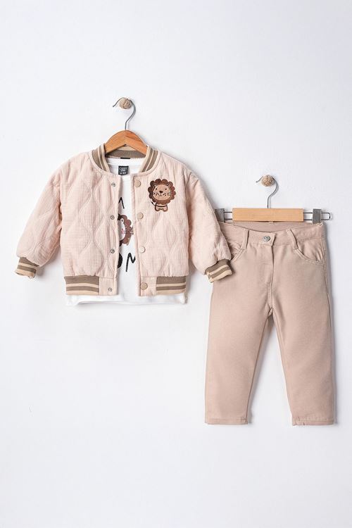 Miniğimin Cicileri Roar Aslan Baskılı Kapitone Desen Ceketli Erkek Bebe 3 lü Takım - Bej