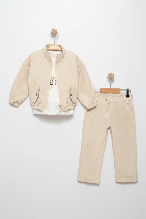 Miniğimin Cicileri Trend Baskılı Gabardın Ceketli Kız Çocuk 3 lü Takım - Bej