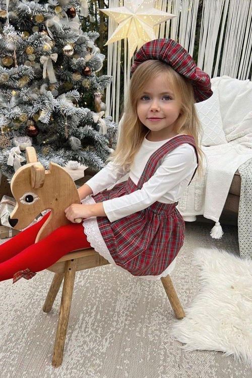 Miniğimin Cicileri Poplin Kumaş Ekose Desen Yeni Yıl Elbise - Kırmızı