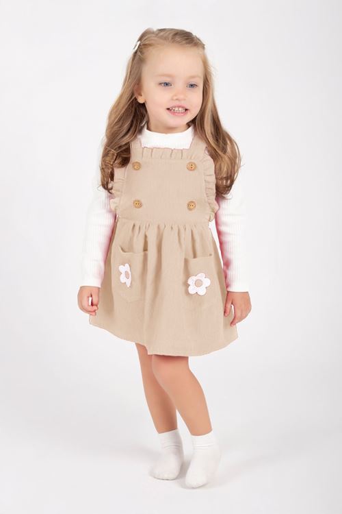 Miniğimin Cicileri Çiçek Detaylı 2 li Salopet Kız Bebek Elbise - Bej