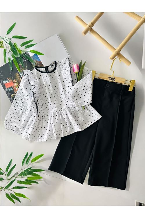 Miniğimin Cicileri Puantiyeli Kız Çocuk Pantolonlu Takım - BeyazSiyah