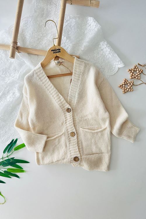 Miniğimin Cicileri Cepli Unisex Çocuk Triko Hırka - Ekru