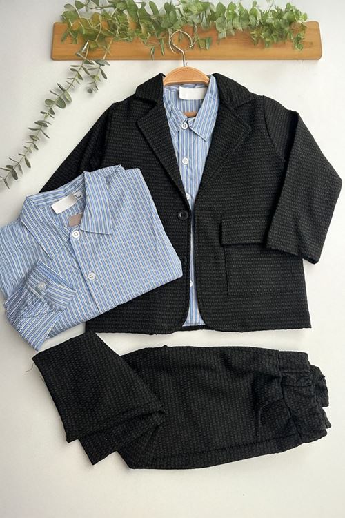 Miniğimin Cicileri Şık Blazer Ceket, Çizgili Gömlek ve Pantolon Erkek Çocuk Takımı - Siyah