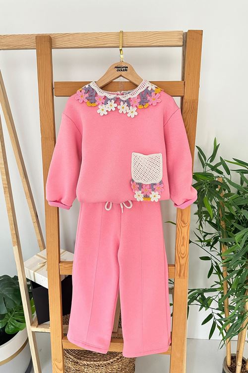 Miniğimin Cicileri Çiçek Örgü Yaka Desenli Kız Çocuk 2 li Kışlık Takım - Pembe