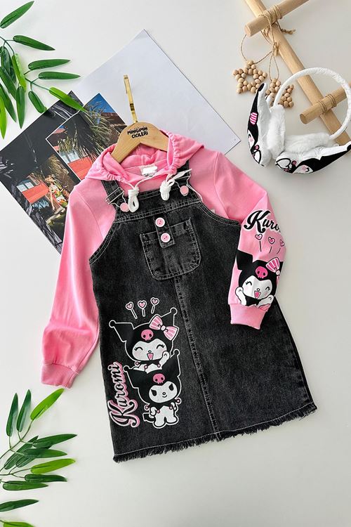 Miniğimin Cicileri Krm Baskılı Kulaklıklı Kız Çocuk 3 lü Kot Jileli Takım - Siyah