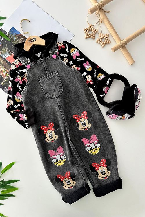 Miniğimin Cicileri Mnn Karakterli Baskılı Kulaklıklı Kız Çocuk 3 lü Kot Salopetli Takım - Siyah