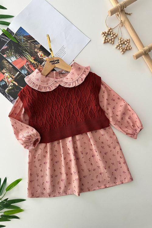 Miniğimin Cicileri Çiçek Desenli Fırfırlı Elbise ve Örgü Süveter Kız Çocuk Takımı - Somon