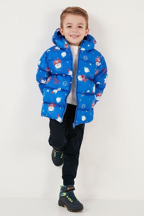 Miniğimin Cicileri Dolgulu İçi Yumuşak Polarlı Kapüşonlu Şişme Erkek Çocuk Mont - Mavi