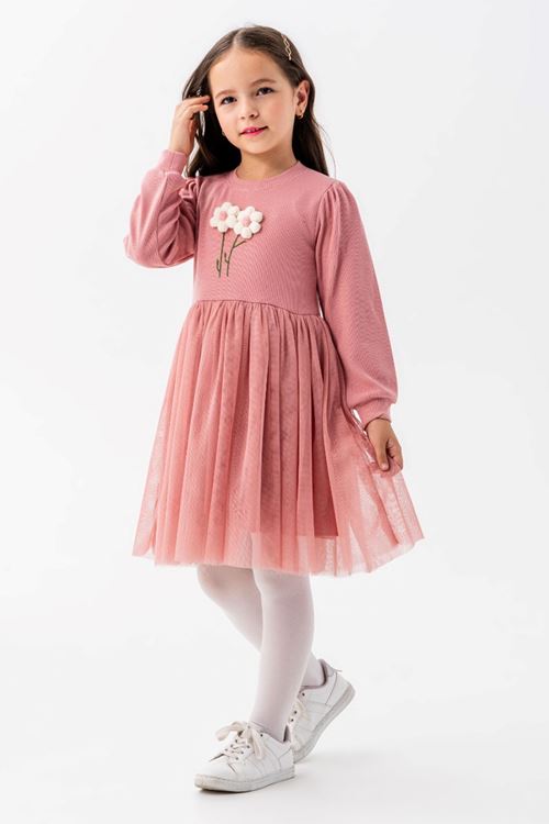 Miniğimin Cicileri Çiçek İşlemeli Tüllü Bej Kız Çocuk Elbisesi - Pembe