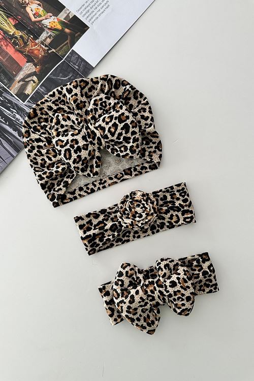 Miniğimin Cicileri Leopar Kız Bebe Bone Saç Bandı 3 lü Set - Bej