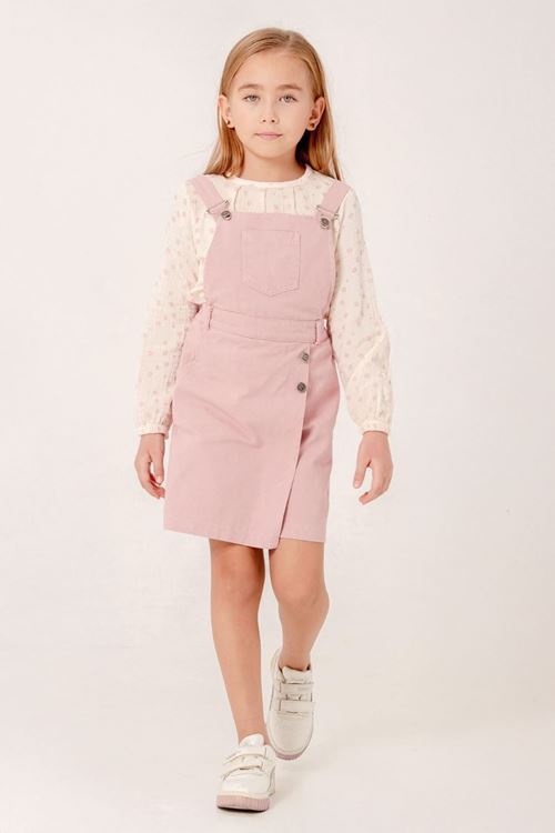 Miniğimin Cicileri (7-10 Yaş) Müslin Pamuk Çiçek Detaylı Bluz Gabardin Salopet Kız Çocuk Elbise - Pembe