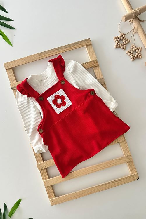 Miniğimin Cicileri Papatya Desenli Kadife Kız Bebe Jile li Takım - Kırmızı