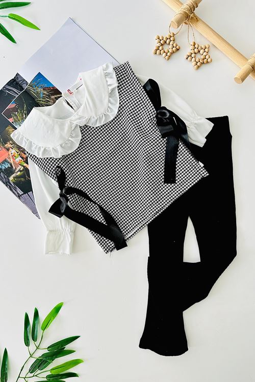 Miniğimin Cicileri Kazayağı süveterli bebe yaka gömlekli fitilli taytlı 3 parça kız çocuk takım - SiyahBeyaz