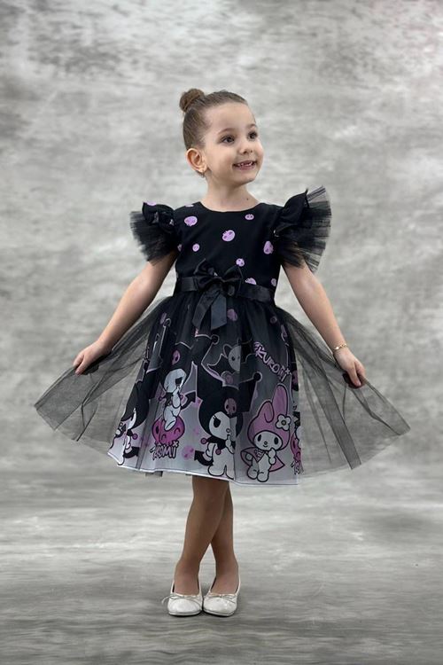 Miniğinin Cicileri Tütü Krm Baskılı Omuz Detaylı Abiye Kız Çocuk - Siyah