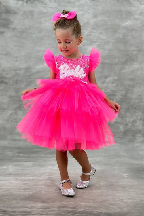 Miniğinin Cicileri Neon Tütü Pul Payet Barbie Abiye Kız Çocuk - Fuşya