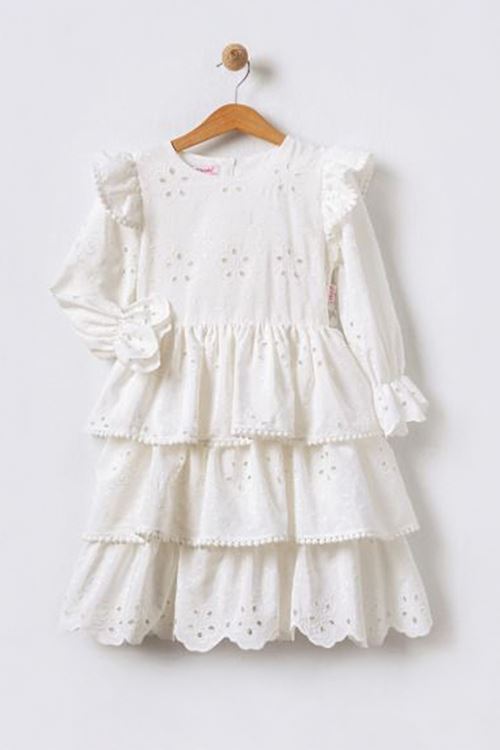 Miniğimin Cicileri (6-13 Yaş) Brode Volanlı Kız Çocuk Elbise - Beyaz