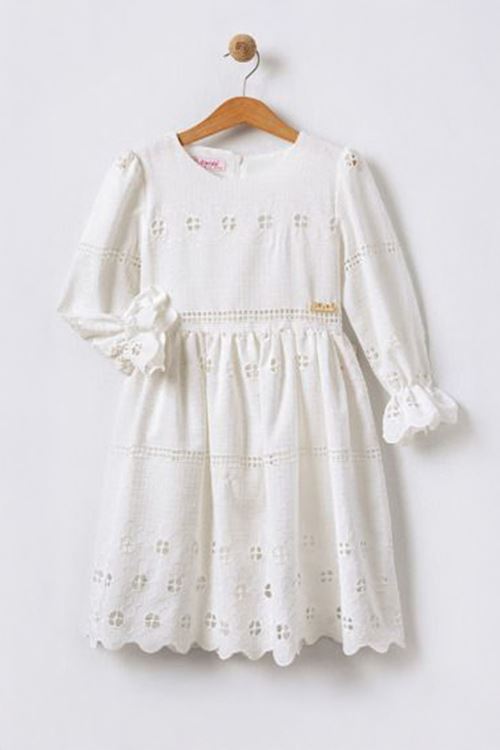 Miniğimin Cicileri (6-13 Yaş) Brode Pileli Kız Çocuk Elbise - Beyaz
