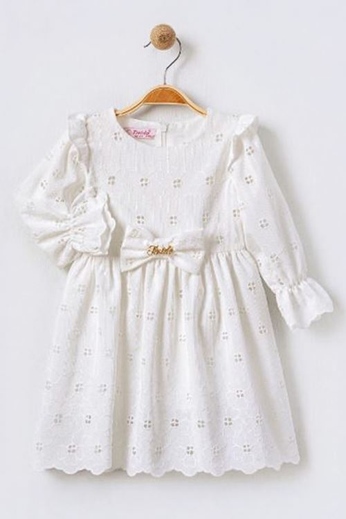 Miniğimin Cicileri Brode Fiyonklu Kız Çocuk Elbise - Beyaz