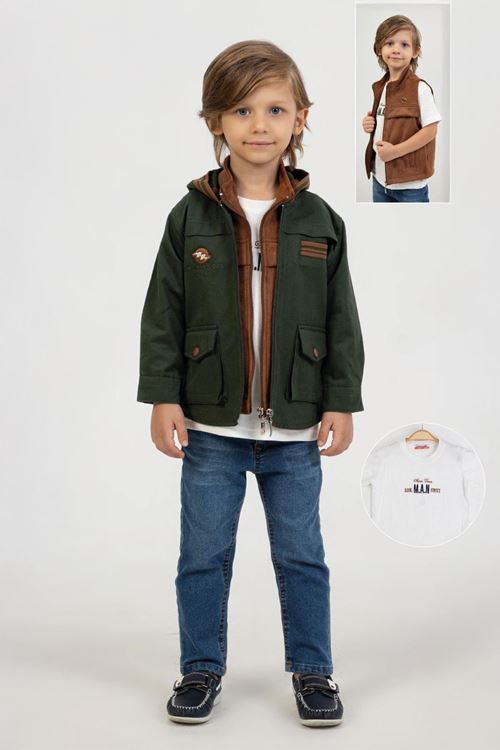 Miniğimin Cicileri Lifeis Meantto Good 4 parça Süet yelekli Kapüşonlu Ceketli Takım - Yeşil