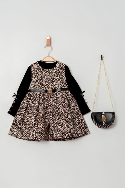 Miniğimin Cicileri Leopar Desen Çantalı Kemer ve Fiyonk Detaylı Elbise 3 parça Kız Çocuk - Siyah