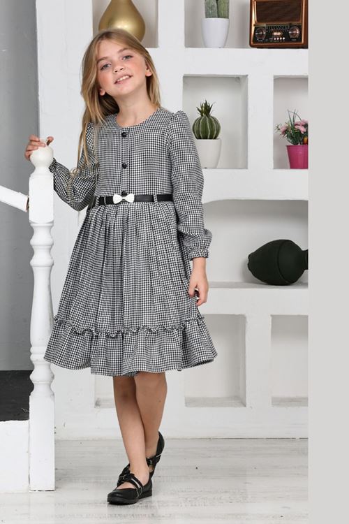 Miniğimin Cicileri Kemerli Eteği Piliseli Kız Çocuk Kazayağı Desen Elbise - SiyahBeyaz